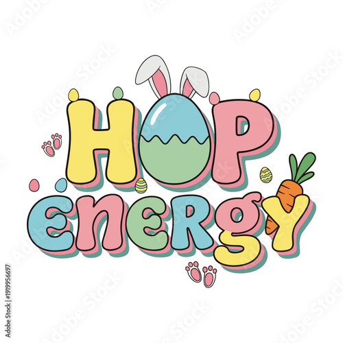 Colorful Easter hop energy illustration with eggs and carrots
