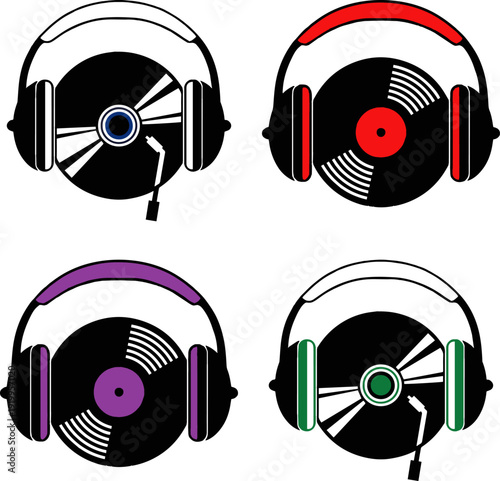 Music Headphones and Vinyl Record Icon Set