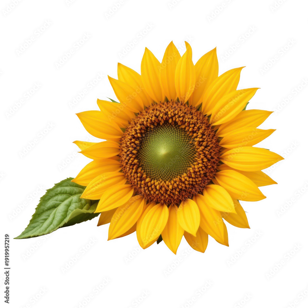 Fototapeta premium Vivid Sunflower with Green Leaf