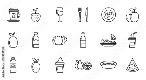 Collection of simple black and white line icons representing various foods