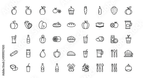 Collection of simple black and white line icons representing various foods