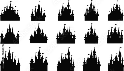 Fairy tale castle silhouettes collection isolated on white background, fantasy palace towers and spires icon set illustration