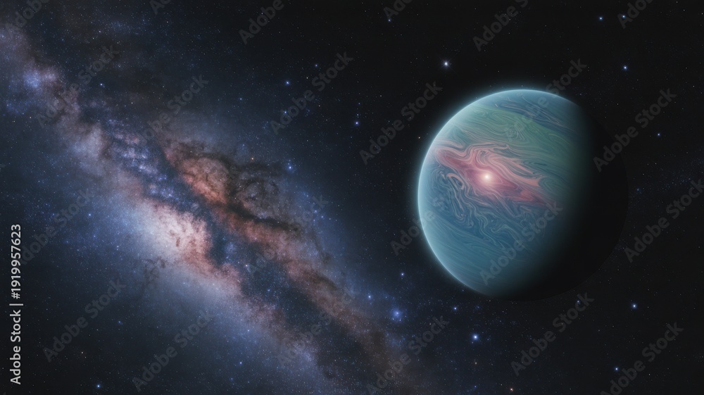 Naklejka premium Exoplanet or gas giant planet with swirling atmosphere in outer space, with Milky Way galaxy background