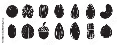 nuts silhouettes set. doodle hand drawn nuts design. black color