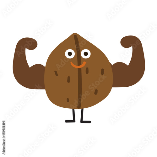 Strong Walnut Character Showing Biceps. Flat Hand Drawn Vector Illustration