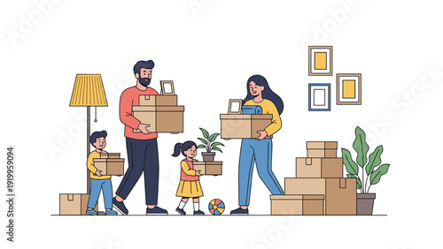 Happy young family with two children carrying cardboard boxes and plants into their new house during a relocation day event.
