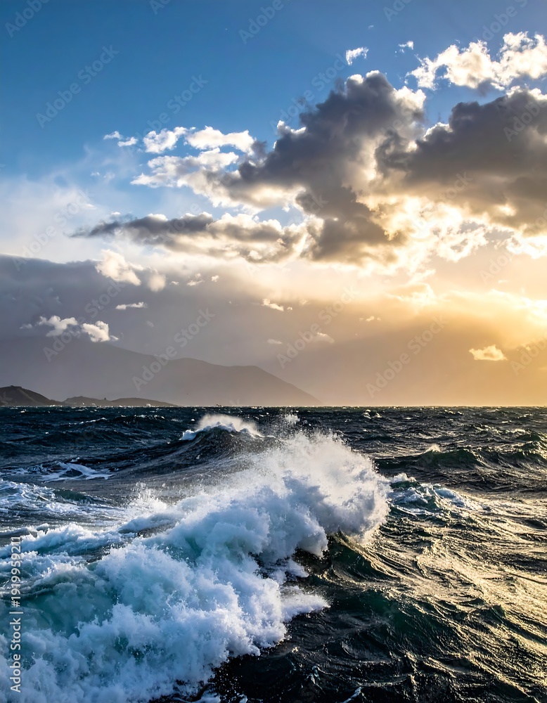 Obraz premium Ocean wave crashing with cloudy sky