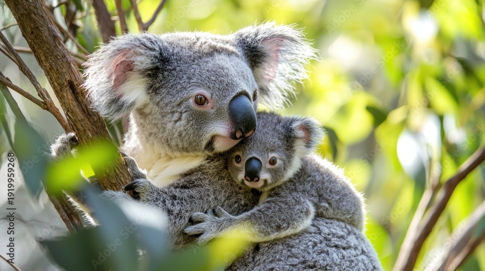 Fototapeta premium A baby koala clinging to its motherâ€™s back as they rest in the high branches of a tree in an Australian sanctuary