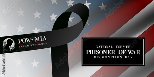 April 9 is National  Former Prisoner Of War Recognition Day. Pow mia, ribbon and american flag. Suitable for posters, banners and social media. White background.