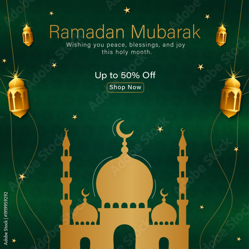 Ramadan Mubarak sale banner with golden mosque silhouette, Green and gold Islamic promotion flyer with 50 percent off, Elegant Ramadan Kareem greeting card with lanterns and mosque, Modern Ramadan 