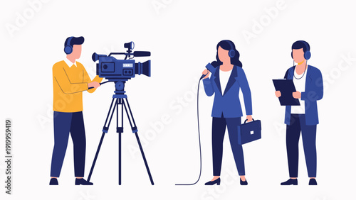 Professional news crew including a cameraman, a reporter with a microphone, and an assistant preparing for a live television broadcast.
