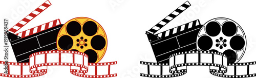 Movie Clapper Board and Film Reel Vector Illustration