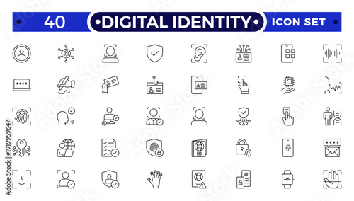Digital Identity outline icon set. Biometrics security vector symbols. MFA digital identity protection. Fingerprint face scan key. Cyber safety data access login lock shield.