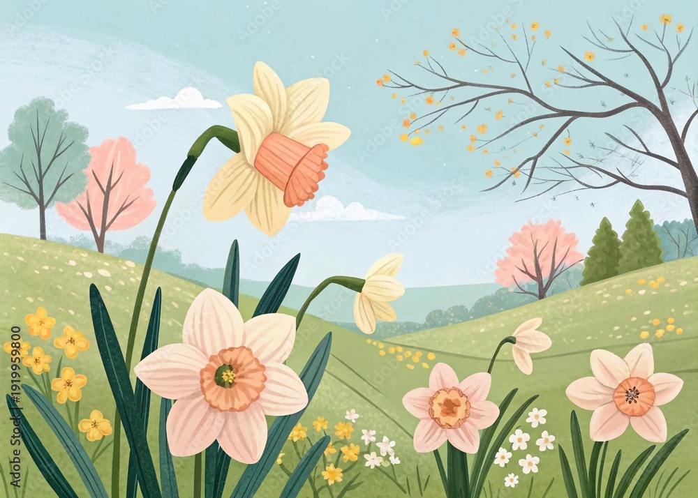 Obraz premium Hello March Spring Daffodils Illustration – Cute Floral Seasonal Art