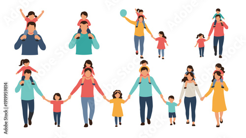 Collection of diverse parents and children walking together, holding hands, and carrying kids on shoulders in a flat illustration style.