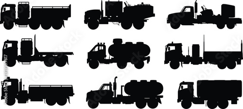 Heavy duty truck silhouettes collection isolated on white background, cargo tanker flatbed and utility transport vehicles set