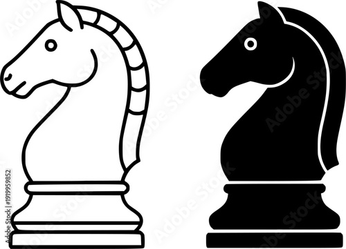 Chess icon, vector illustration of knight, black and white in outline and silhouette design style