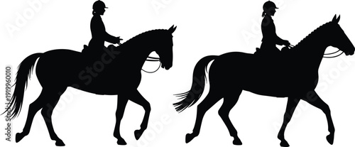 Horse rider silhouettes in dressage trot pose, equestrian sport training vector illustration isolated on white background