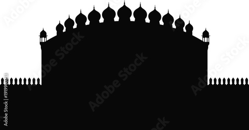Indian mosque silhouette with domes and minarets, Islamic architecture landmark isolated on white background, traditional Mughal style illustration design