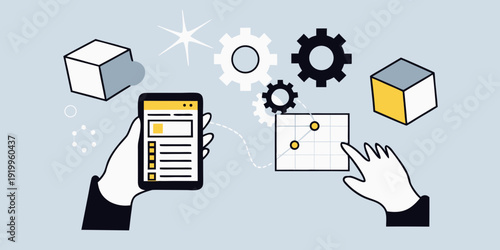 Digital interface with gears cubes and a human hand interacting