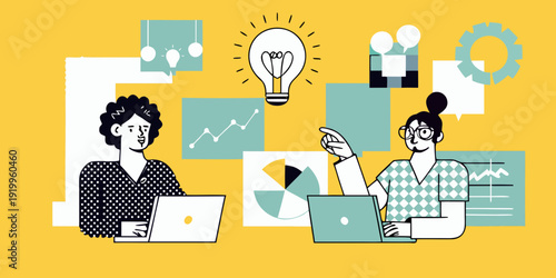 Two women collaborating on ideas with technology and data visualization