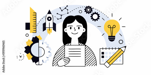 A woman contemplates innovation surrounded by symbols of progress and ideas