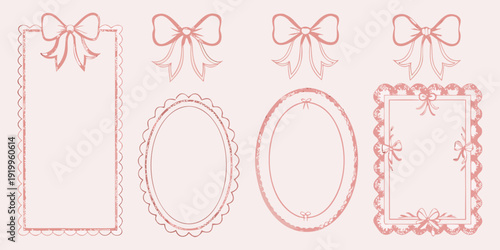 Delicate pink sketch of ornate frames and ribbon bows collection