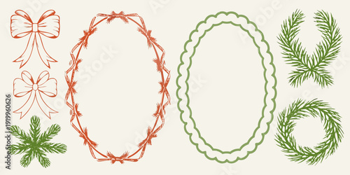Hand drawn holiday wreath illustrations in red and green tones