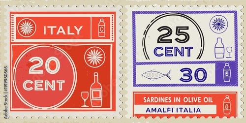 Vintage italian postage stamps depicting food and currency values