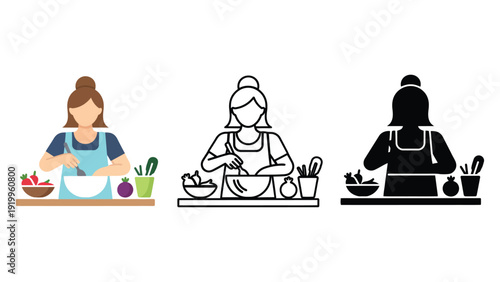 A woman in an apron preparing food in a colorful illustration set