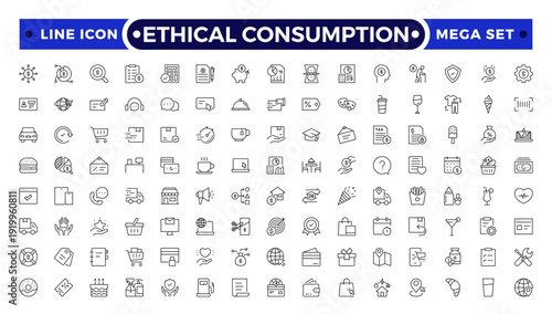 Ethical Consumption and Sustainable Lifestyle outline Icon Set. Eco Friendly Shopping, Zero Waste, Green Retail and Environmental Protection Line Vector Collection.