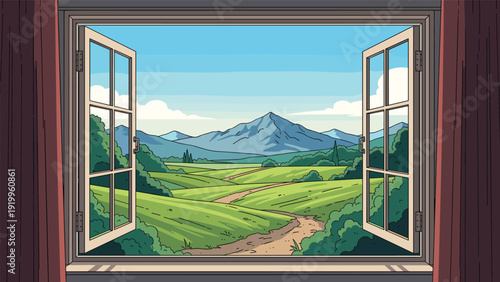 Beautiful landscape of green fields and blue mountains visible through an open wooden window frame on a sunny day with white clouds.