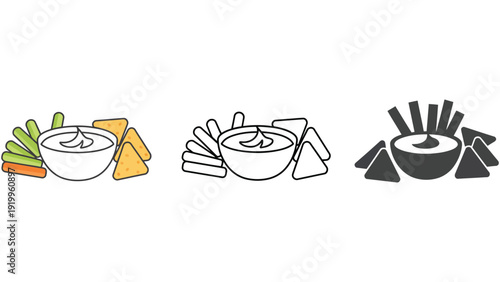 Hummus bowl vector icons with chips and vegetables in different styles