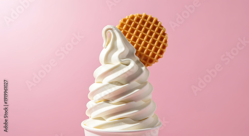 Delicious soft serve ice cream with a waffle cookie on top