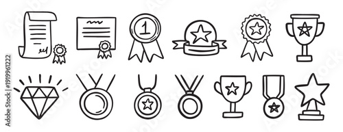 medal honor award related doodle hand drawn icon set. Outline drawing winner line clipart symbol collection