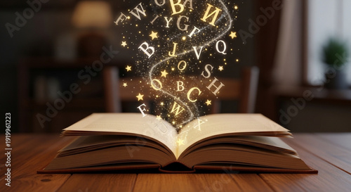 Open Book with Letters and Symbols Emerging on Wooden Table