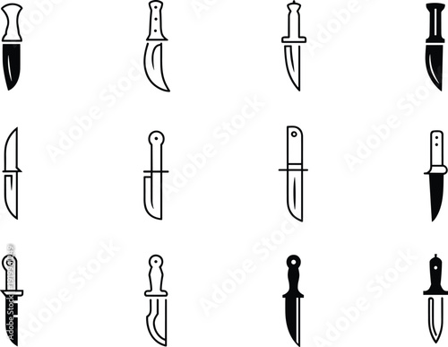 Knife silhouettes collection isolated on white background, tactical hunting combat and kitchen blade set illustration