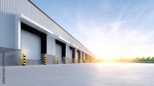 Finished industrial plant with organized loading docks and clear sky at sunrise