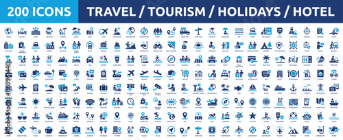 Huge set of 200 solid icons. Mega collection concept of Travel, Hotel, Holidays, Vacation and Tourism. Vector illustration.