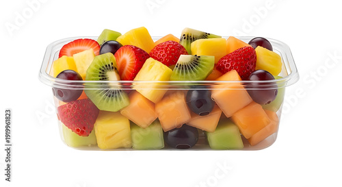 Fresh fruit salad in a clear plastic container a healthy and vibrant mix of strawberries kiwi pineapple melon and grapes perfect for a refreshing snack or dessert