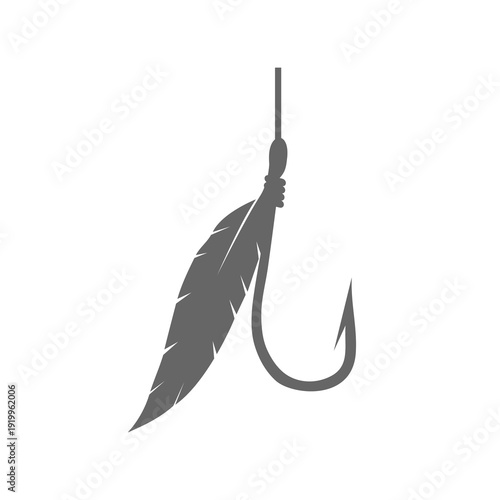 Fishing hook with feather icon isolated on white background
