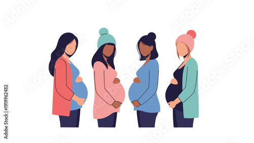 Group of four pregnant women from diverse ethnic backgrounds standing together showcasing maternal beauty and expectation.