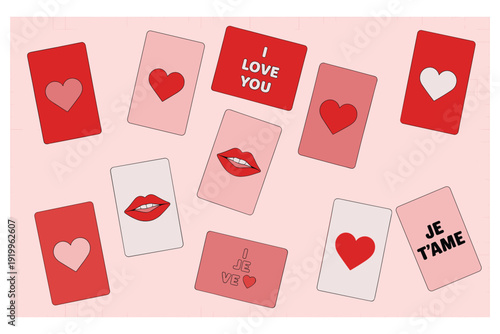 Valentine's Day Cards with Hearts and Lips "I Love You" and "Je T'aime" Text