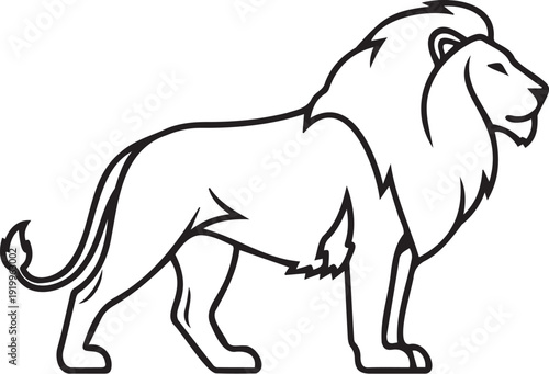 Majestic lion illustration with bold lines and simple design standing proudly facing right showcasing its powerful physique and regal mane.
