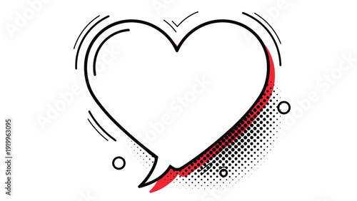 Heart shaped comic speech bubble with a red shadow and halftone pattern effect for romantic or love themed messages.