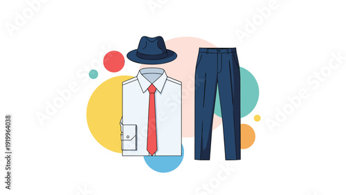 Formal mens clothing set featuring a blue fedora hat, white shirt with a red tie, and dark blue trousers on an abstract background.
