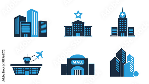 Building icon set including office, mall, and airport illustrations