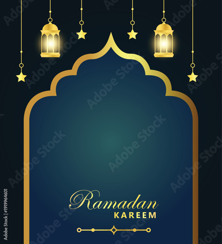 Set of Golden Islamic Arch Window Frames on Emerald Background