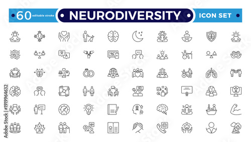 A set of vector icons Neurodiversity representing workplace inclusion, equity, diversity, and human rights, created in outline icon. Editable stroke outline icon.
