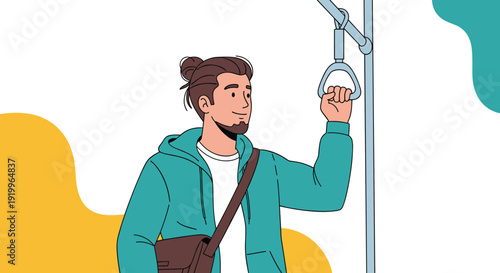 Cheerful young man with a man bun stands on a public transit train holding a handle strap while commuting through a colorful city landscape art.
